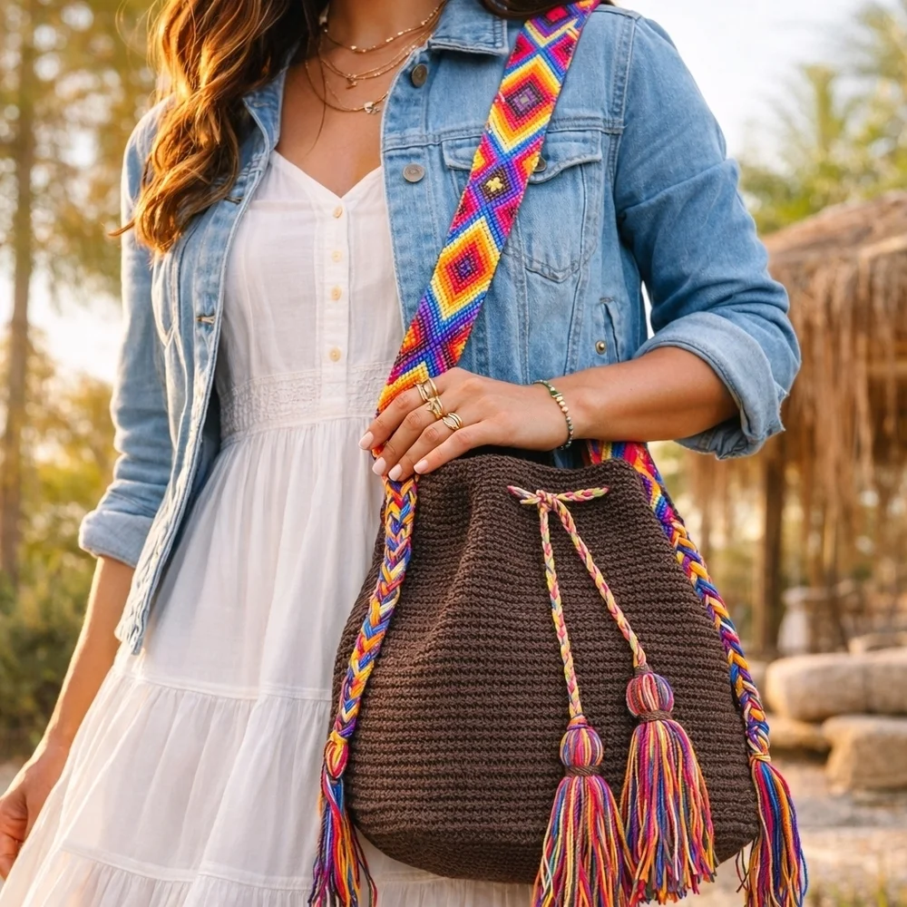 Mochilas Wayuu Handwoven Crossbody Bucket Bag Brown Multicolor Strap Tassel Boho